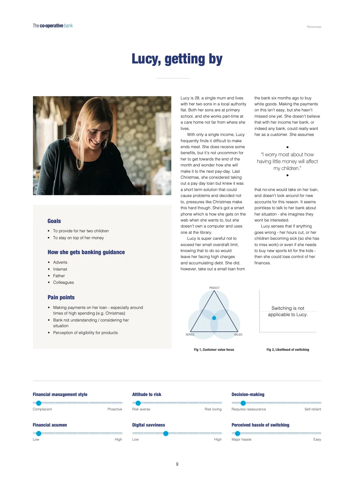 Persona document for Lucy, a single mum getting by, with goals, pain points and attitude scales for banking decisions