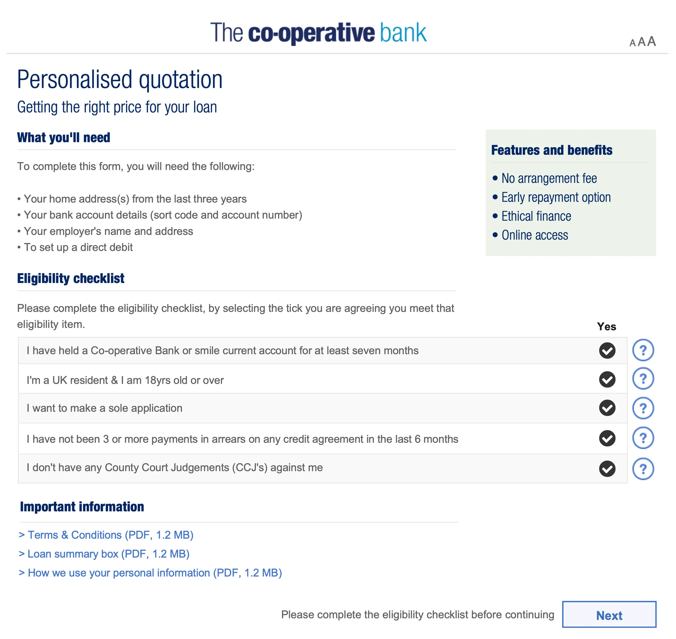 Personalised quotation page opening the loan application, with an eligibility checklist and what-you'll-need guidance