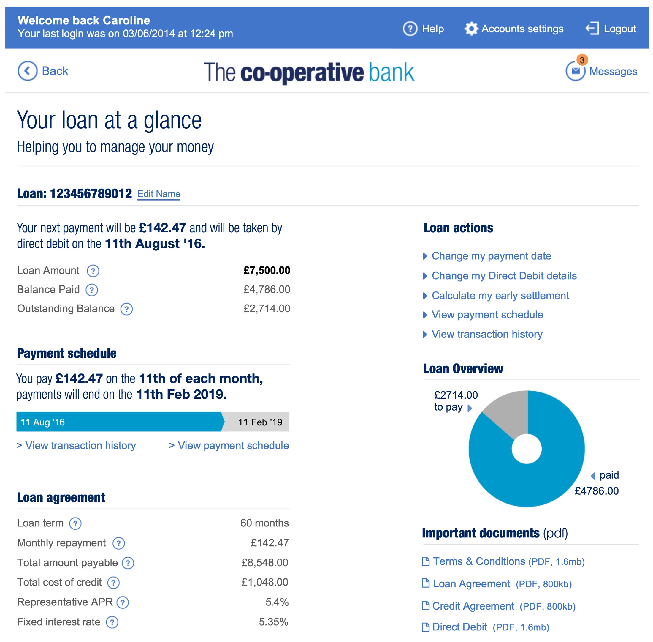 Your-loan-at-a-glance dashboard showing balance paid, payment schedule, loan agreement details and a paid-versus-remaining chart