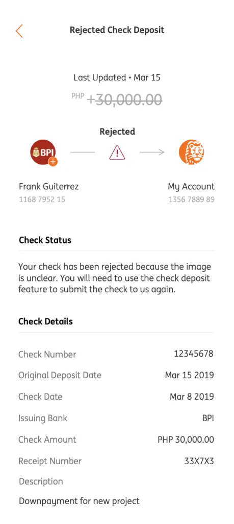 Rejected check deposit screen in the ING app, explaining the unclear image and listing the check's details
