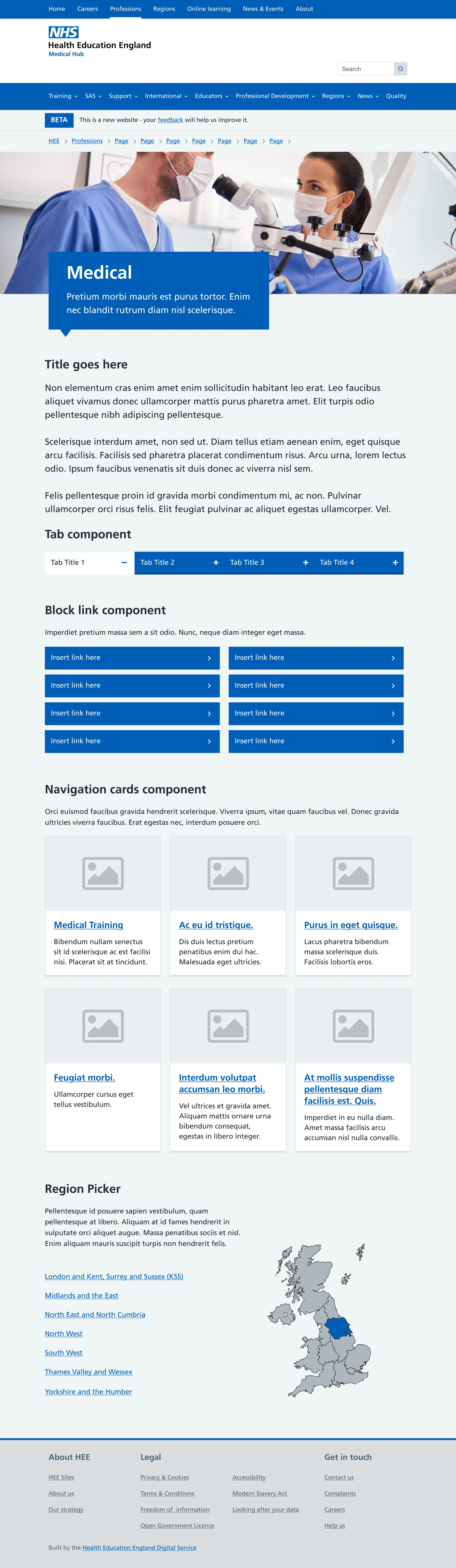 Full-page template for the Health Education England Medical Hub, with tab, block link, navigation card and region picker components