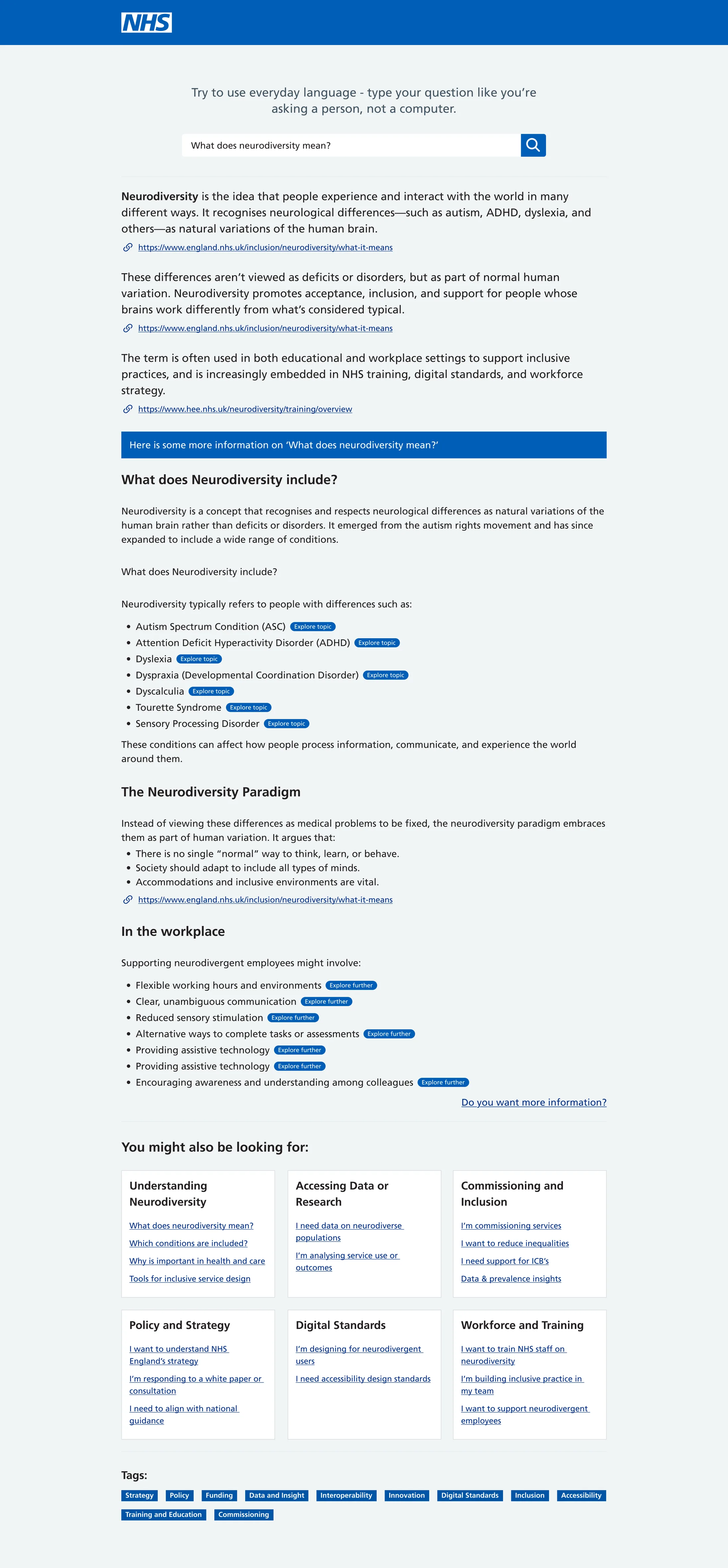 Full results page answering “What does neurodiversity mean?” with sourced summaries, related question cards and topic tags