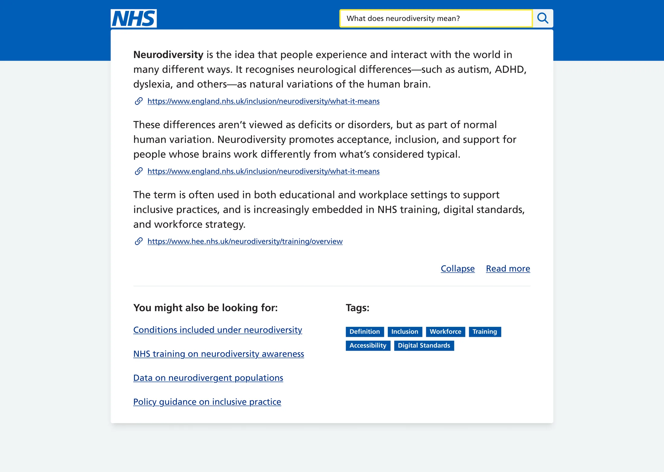 Search panel answering a neurodiversity question in plain English, with cited NHS sources, related links and tags