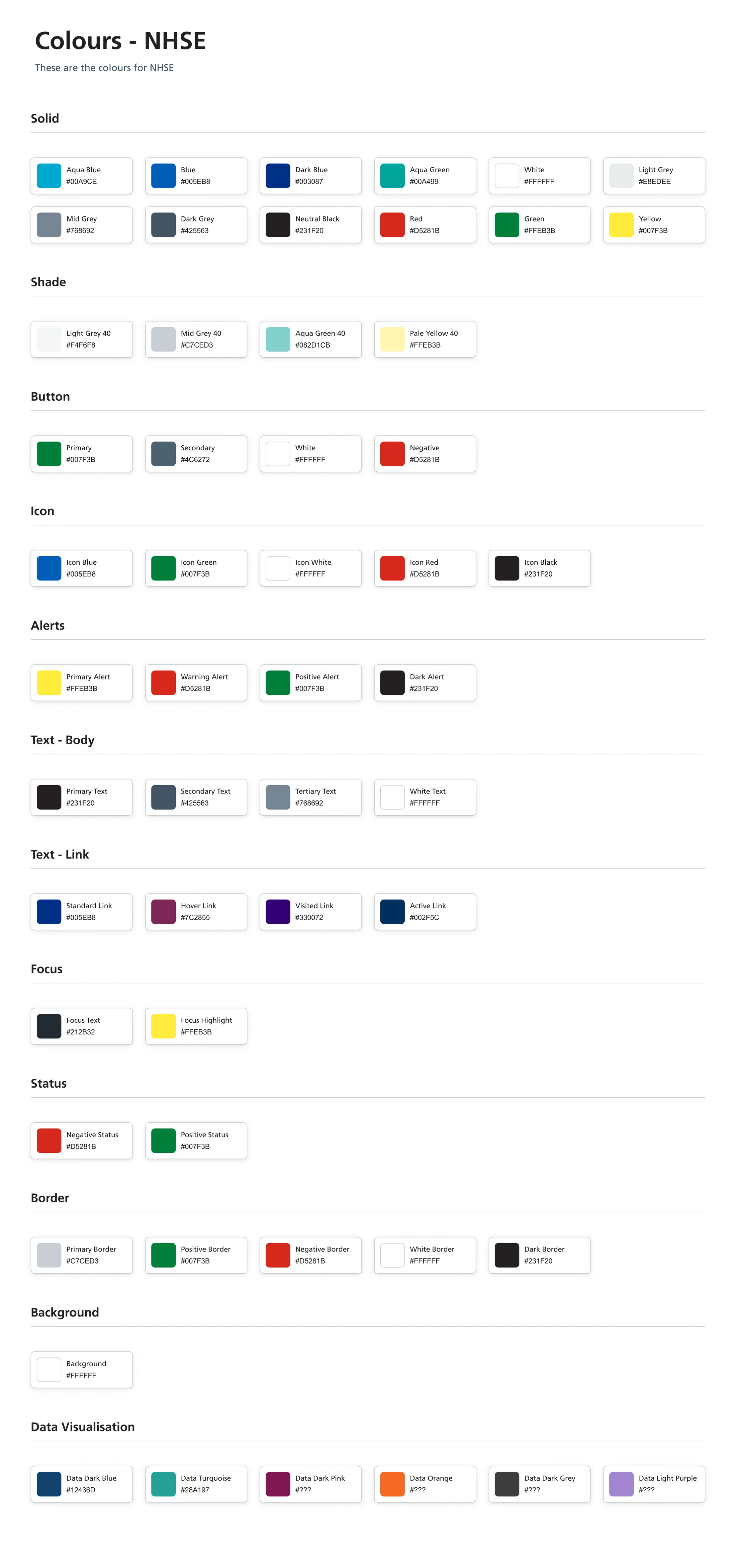 NHS England colour documentation covering solid, shade, button, icon, alert, text, border and data visualisation palettes