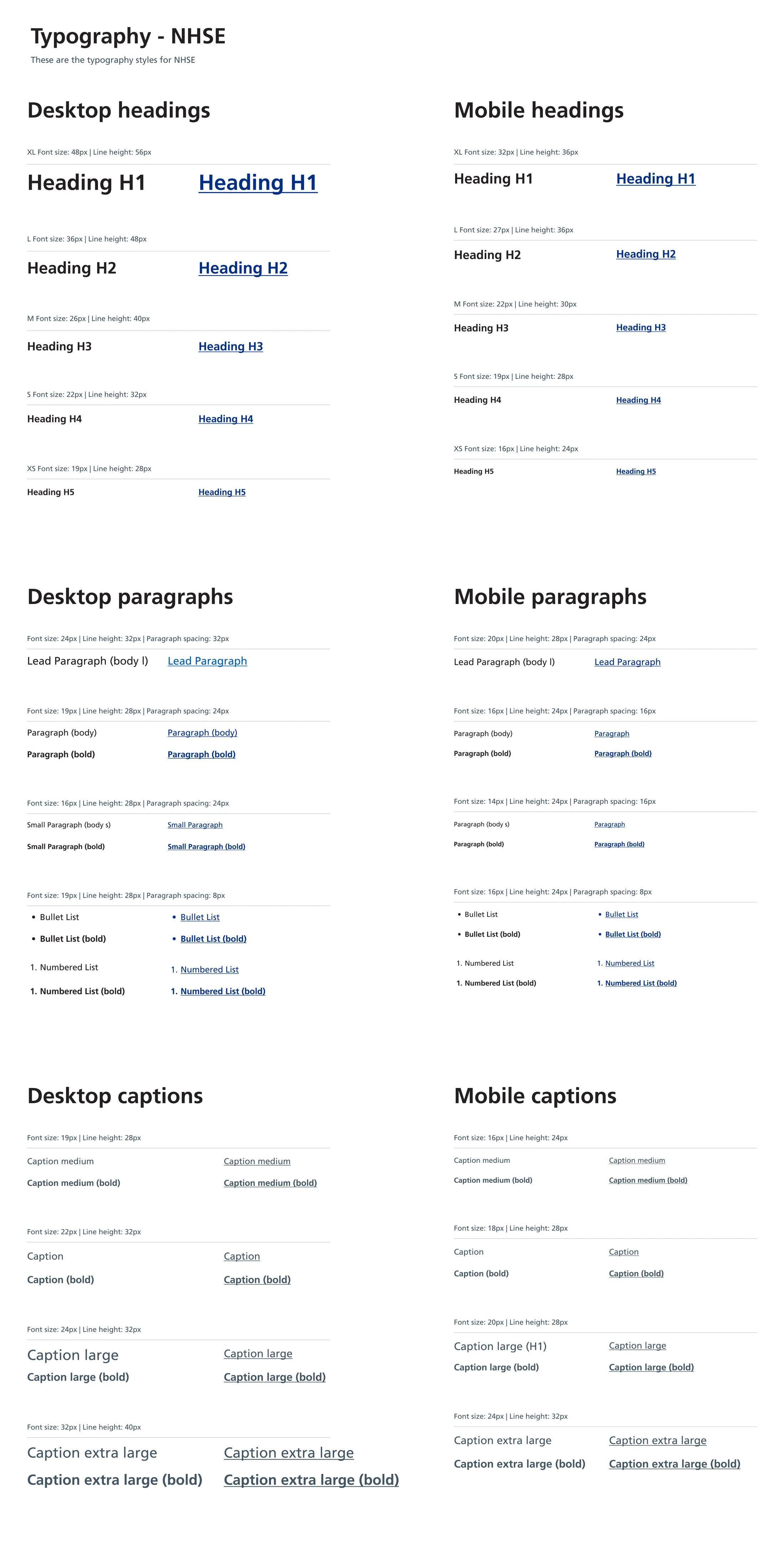 NHS England typography specification comparing desktop and mobile headings, paragraphs and captions with sizes and line heights
