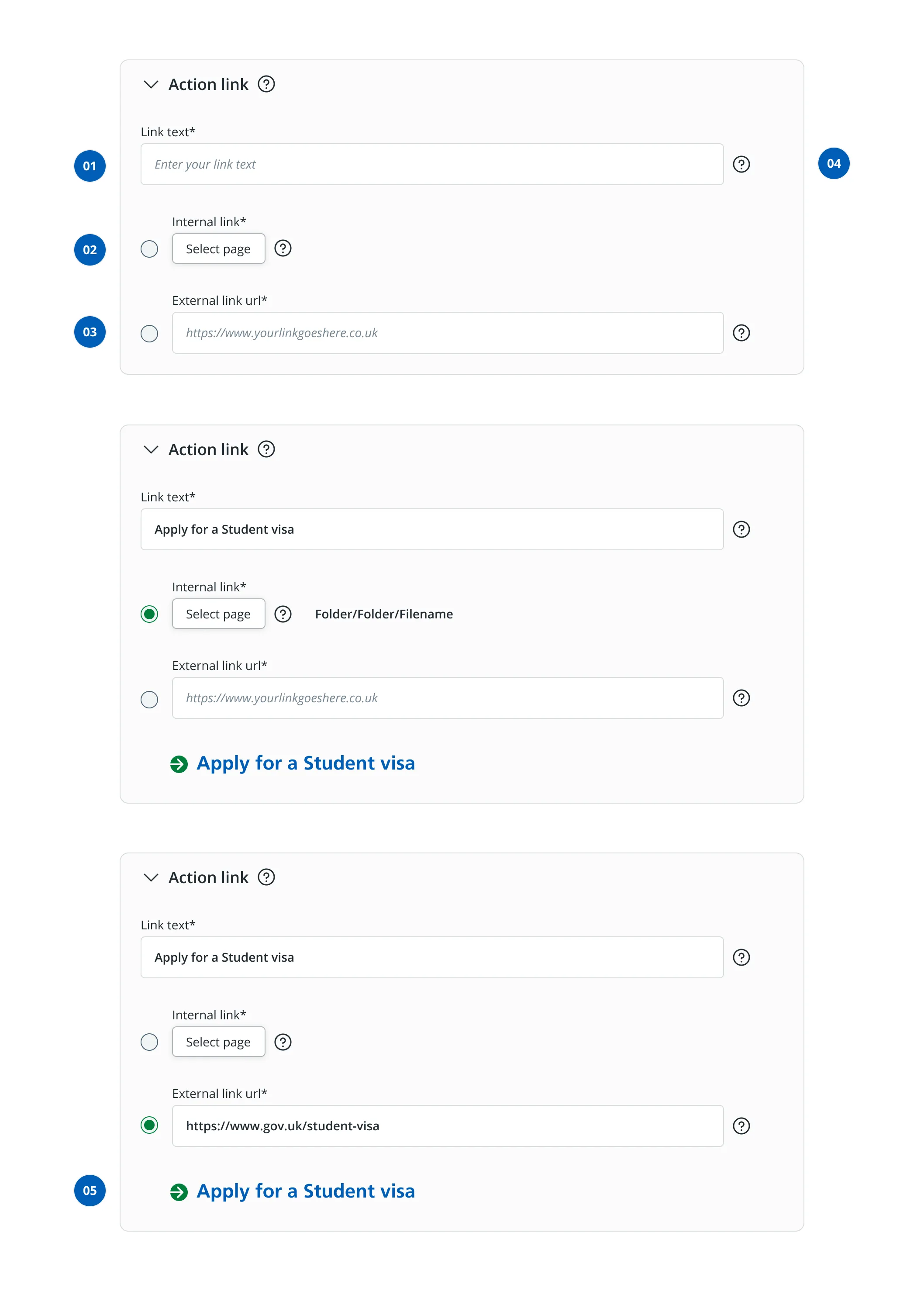 Annotated CMS design for the action link component, showing empty, internal link and external link states