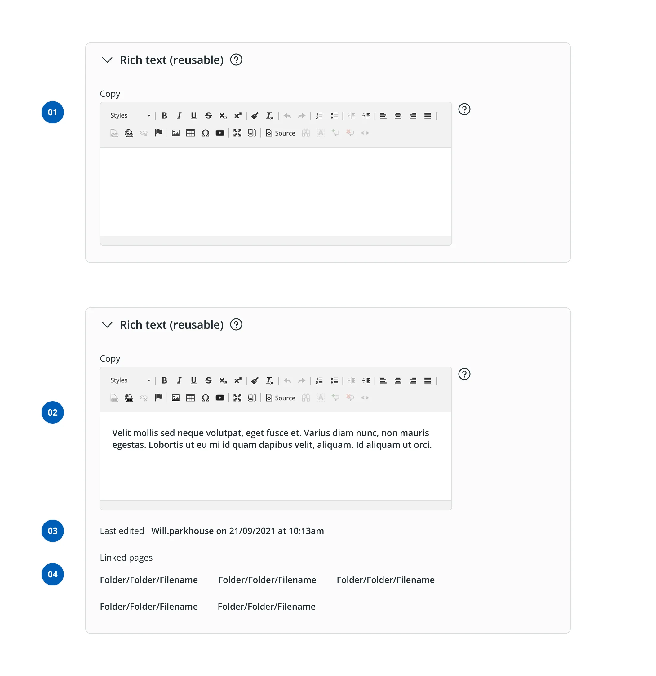 Annotated CMS design for the reusable rich text component, showing empty and filled states with last-edited and linked pages