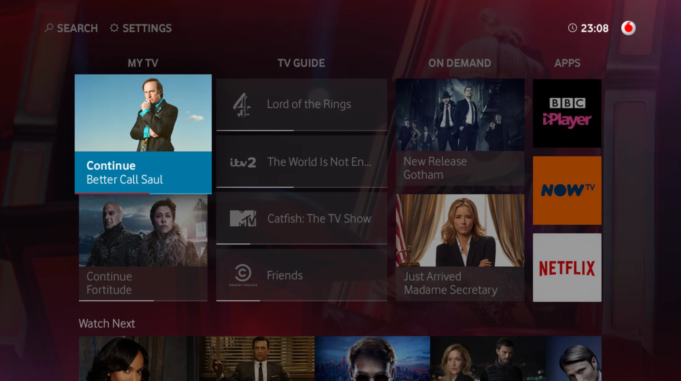 Vodafone TV home screen with My TV, TV Guide, On Demand and Apps rails, plus a Watch Next row